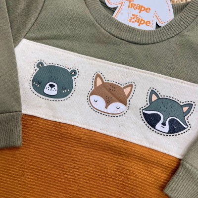 Conj. Casaco Bichinhos da Floresta e Calça de Moletom - Verde e Ferrugem